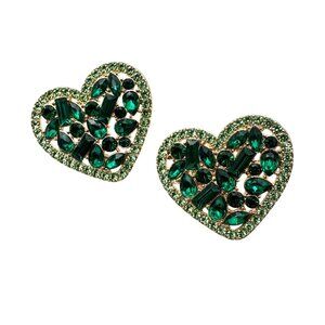Green Crystal Rhinestone Heart Earrings Pierced Gold Tone Chandelier New